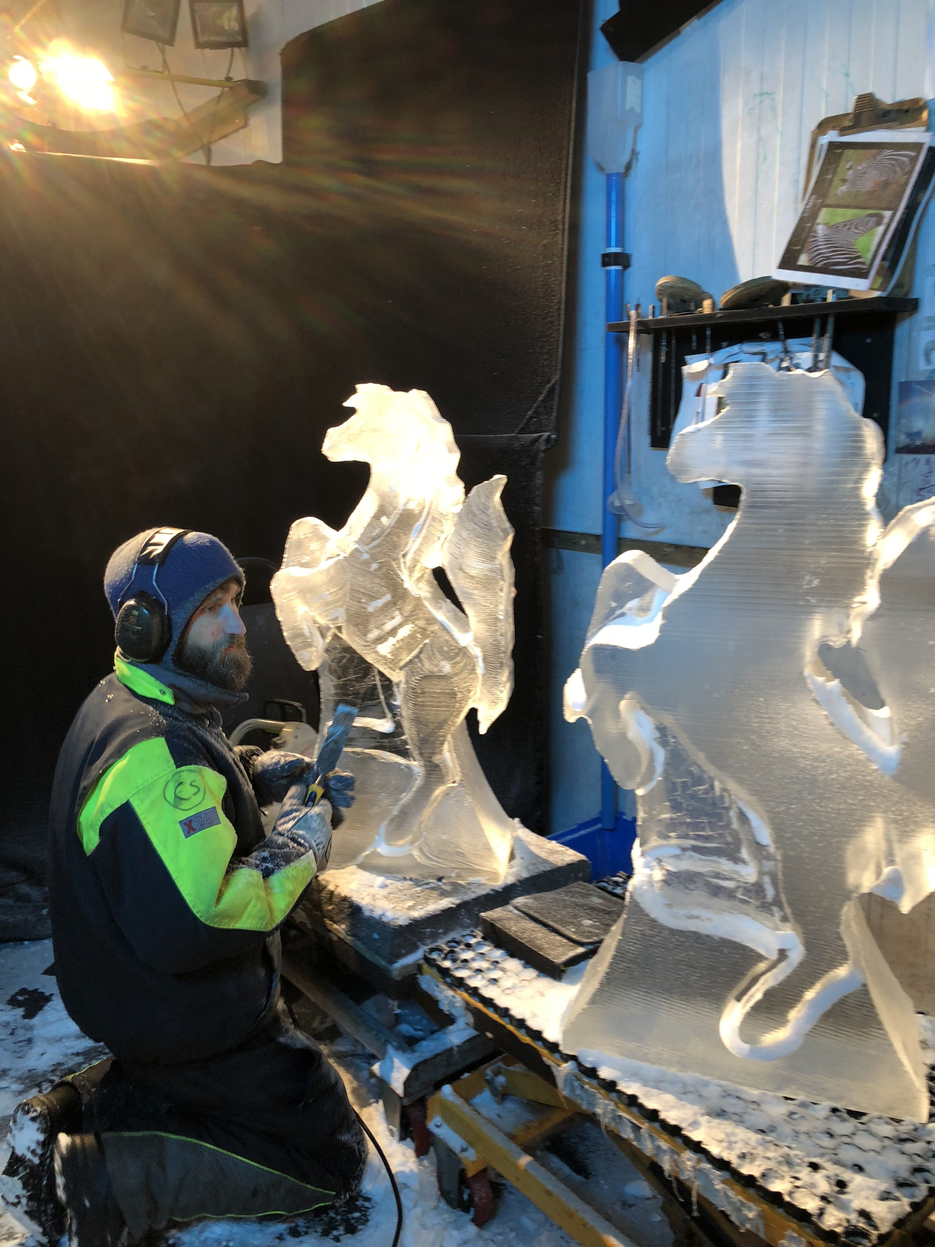Carving an ice sculpture unicorn for LADBible